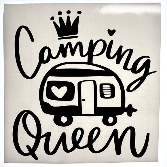 Handmade Black Vinyl CAMPING QUEEN Car Or Laptop Decal, Sticker 5" X 5" - Picture 1 of 1